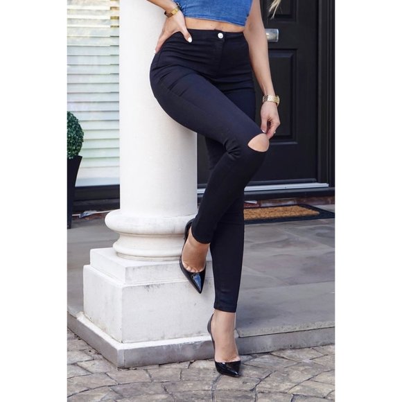 Black High Waisted Ripped Knee Jeggings - Picture 3 of 7